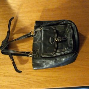 Womens chaps handbag black genuine leather with man made trim large